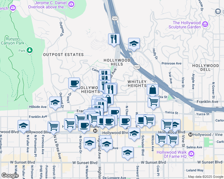 map of restaurants, bars, coffee shops, grocery stores, and more near 2000 North Highland Avenue in Los Angeles