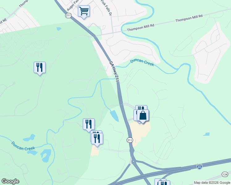 map of restaurants, bars, coffee shops, grocery stores, and more near 2162 Georgia Highway 211 in Braselton
