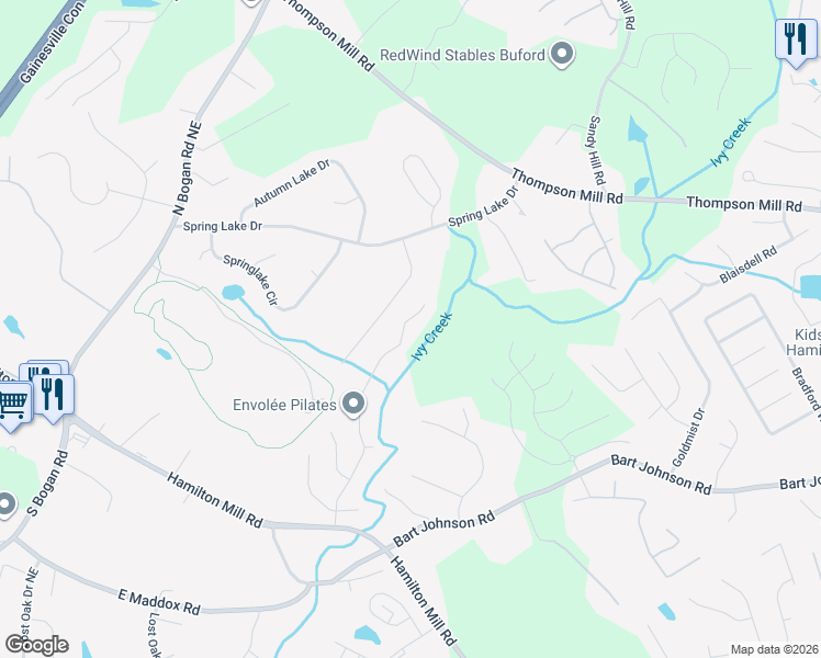 map of restaurants, bars, coffee shops, grocery stores, and more near 3115 Promenade Place in Buford