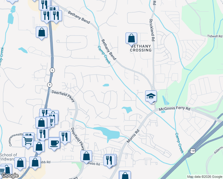 map of restaurants, bars, coffee shops, grocery stores, and more near 13396 Aventide Lane in Alpharetta