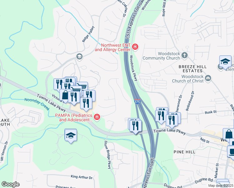 map of restaurants, bars, coffee shops, grocery stores, and more near 164 Stoneforest Drive in Woodstock