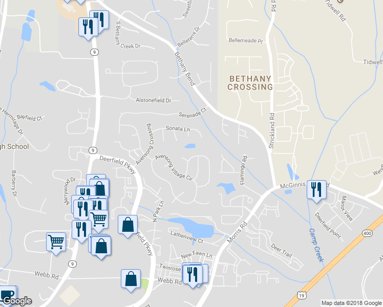 map of restaurants, bars, coffee shops, grocery stores, and more near 13336 Aventide Lane in Alpharetta