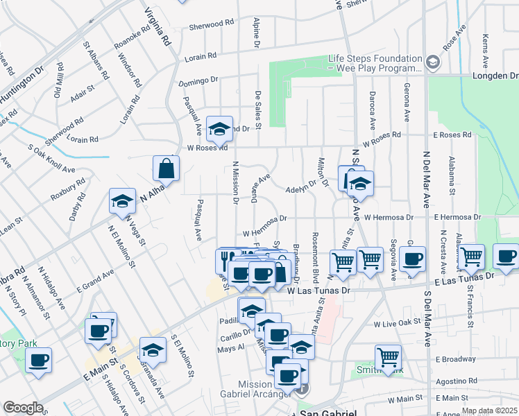map of restaurants, bars, coffee shops, grocery stores, and more near 636 West Sycamore Drive in San Gabriel