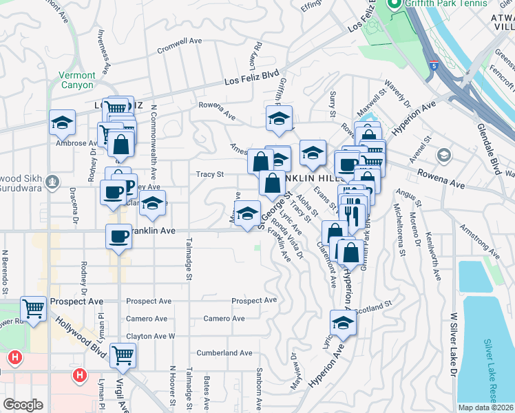 map of restaurants, bars, coffee shops, grocery stores, and more near 1948 Monon Street in Los Angeles