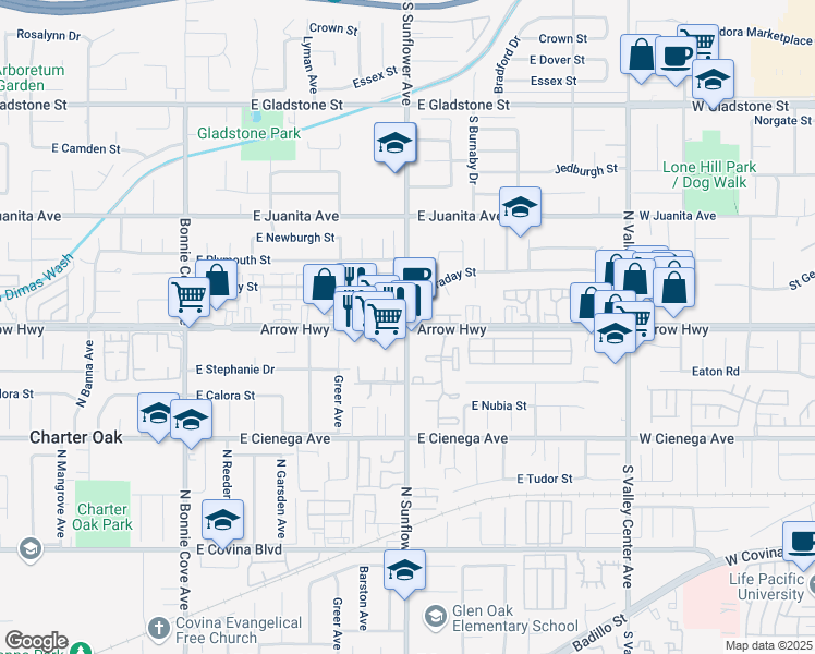 map of restaurants, bars, coffee shops, grocery stores, and more near E Arrow Hwy & N Sunflower Ave in Glendora