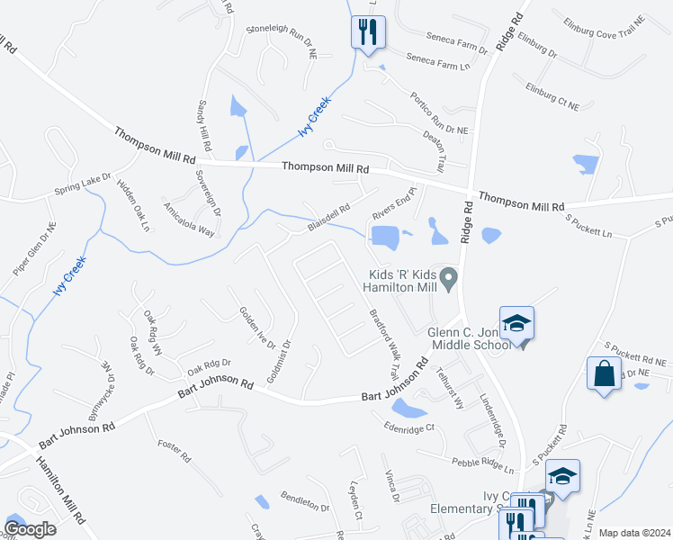 map of restaurants, bars, coffee shops, grocery stores, and more near 3209 Bradford Pear Drive in Buford