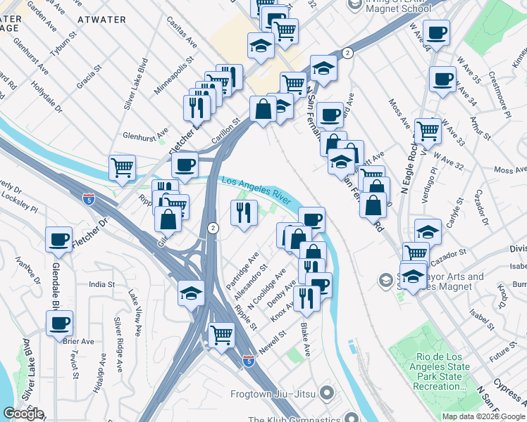 map of restaurants, bars, coffee shops, grocery stores, and more near 2951 Marsh Street in Los Angeles