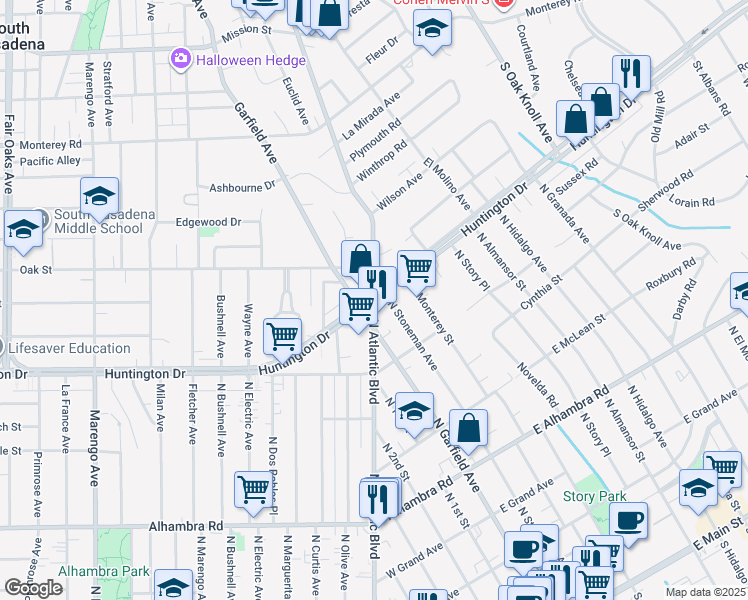 map of restaurants, bars, coffee shops, grocery stores, and more near Huntington Dr & N Atlantic Blvd in Alhambra