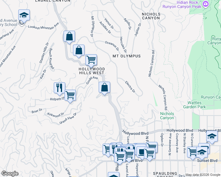 map of restaurants, bars, coffee shops, grocery stores, and more near 1930 Laurel Canyon Boulevard in Los Angeles