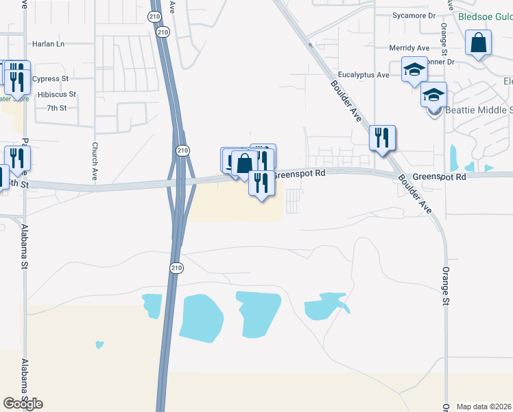 map of restaurants, bars, coffee shops, grocery stores, and more near 27967 Greenspot Road in Highland
