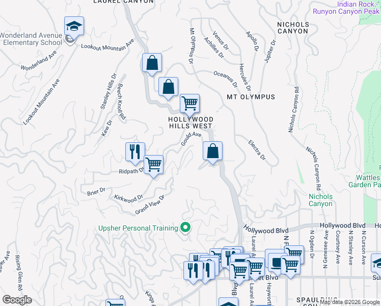 map of restaurants, bars, coffee shops, grocery stores, and more near 8200 Mannix Drive in Los Angeles