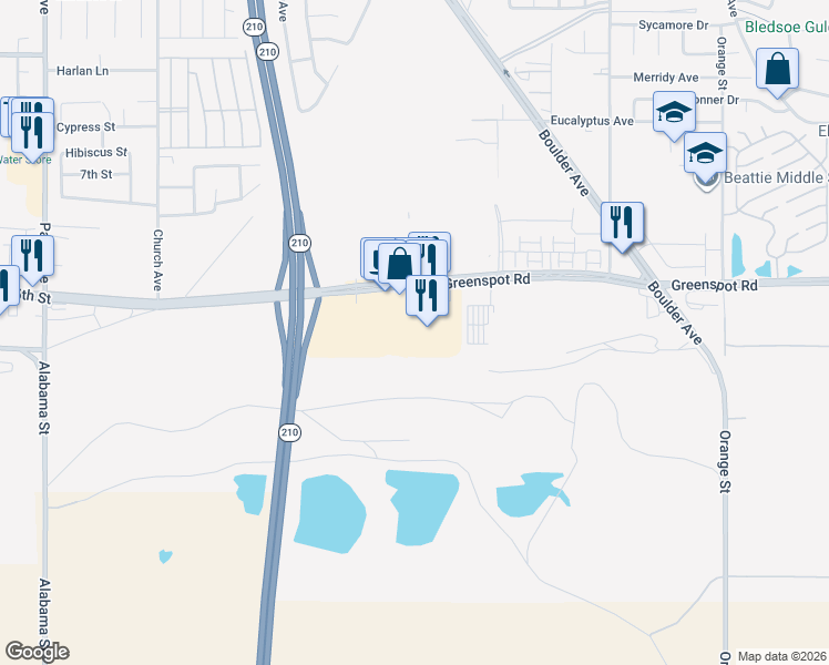 map of restaurants, bars, coffee shops, grocery stores, and more near 27967 Greenspot Road in Highland