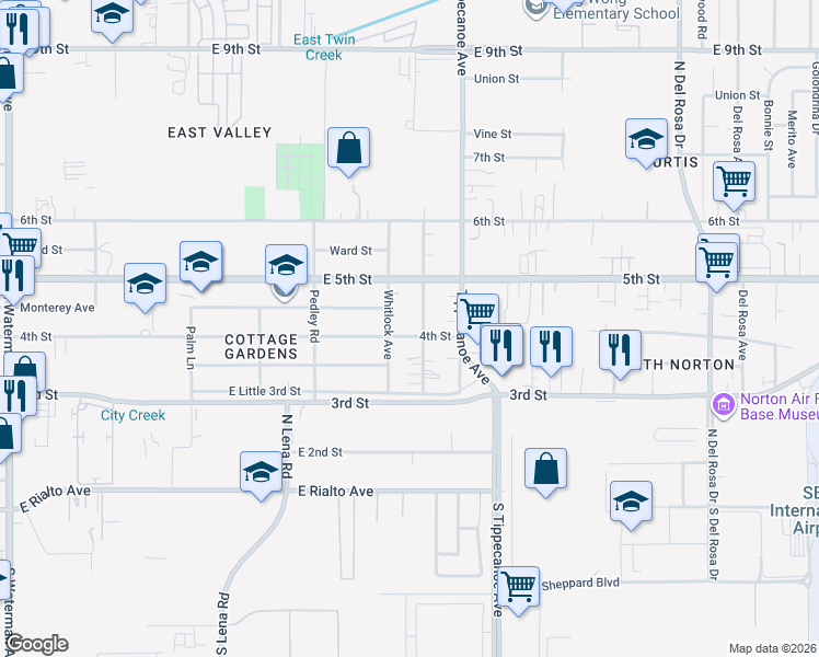 map of restaurants, bars, coffee shops, grocery stores, and more near 8075 Sunnyside Avenue in San Bernardino