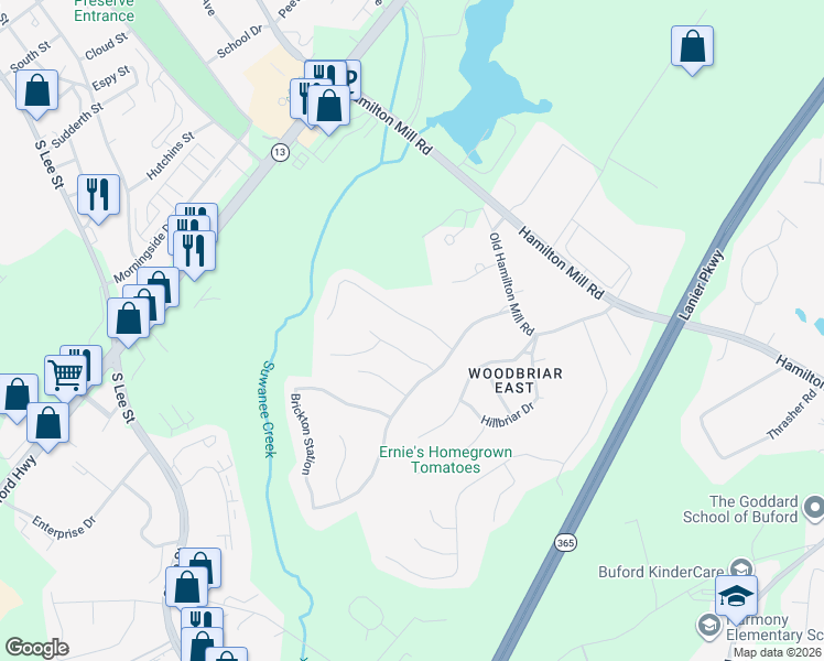 map of restaurants, bars, coffee shops, grocery stores, and more near 4385 Signal Ridge Court in Buford
