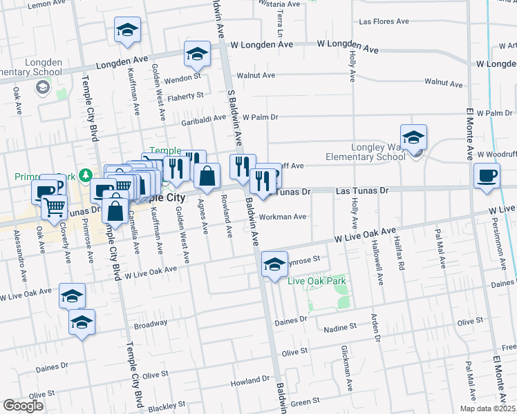 map of restaurants, bars, coffee shops, grocery stores, and more near 610 Las Tunas Drive in Arcadia