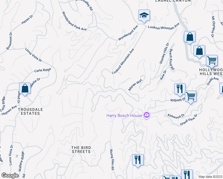 map of restaurants, bars, coffee shops, grocery stores, and more near 8921 Appian Way in Los Angeles