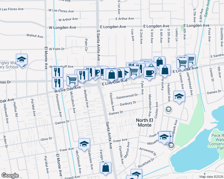 map of restaurants, bars, coffee shops, grocery stores, and more near 11109 Lynrose Street in Arcadia