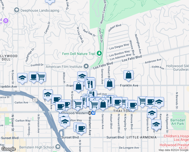 map of restaurants, bars, coffee shops, grocery stores, and more near 1947 North Oxford Avenue in Los Angeles