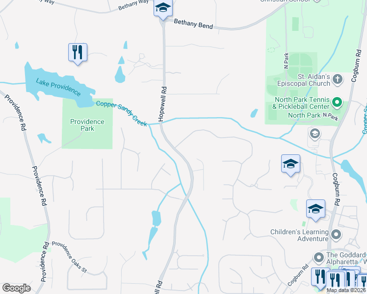 map of restaurants, bars, coffee shops, grocery stores, and more near 2275 Hopewell Plantation Drive in Alpharetta
