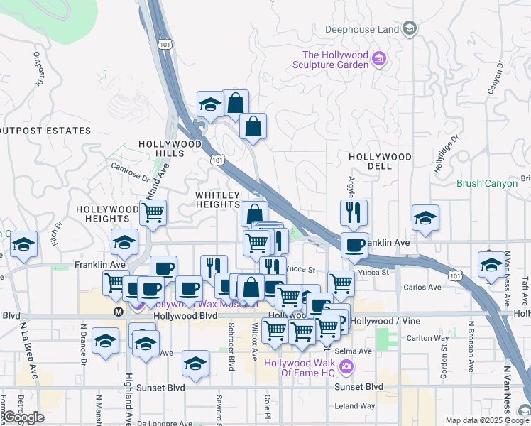 map of restaurants, bars, coffee shops, grocery stores, and more near 1958 North Cahuenga Boulevard in Los Angeles