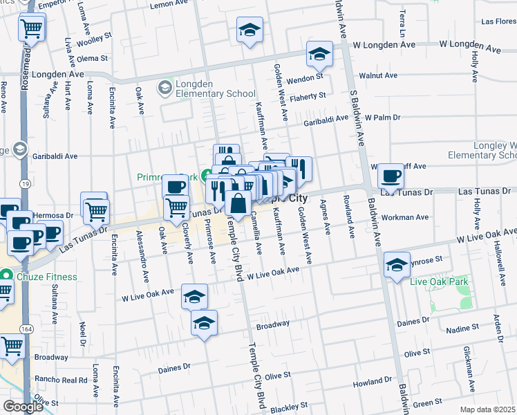 map of restaurants, bars, coffee shops, grocery stores, and more near 9650 Las Tunas Drive in Temple City
