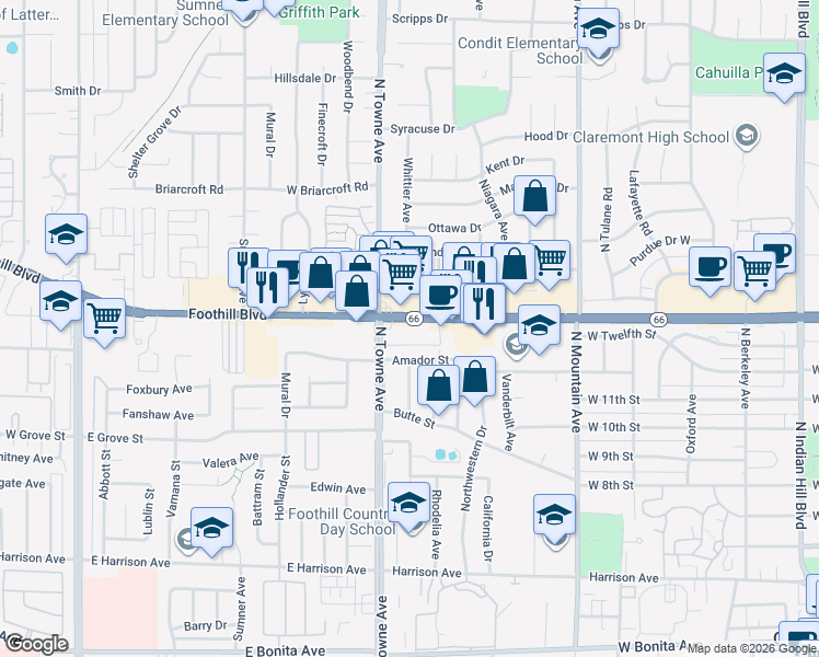 map of restaurants, bars, coffee shops, grocery stores, and more near 1050 Foothill Boulevard in Claremont