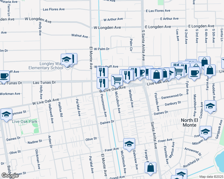 map of restaurants, bars, coffee shops, grocery stores, and more near 119 W Live Oak Ave in Arcadia