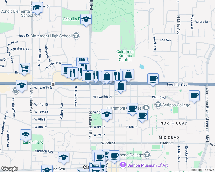 map of restaurants, bars, coffee shops, grocery stores, and more near 226 East Foothill Boulevard in Claremont