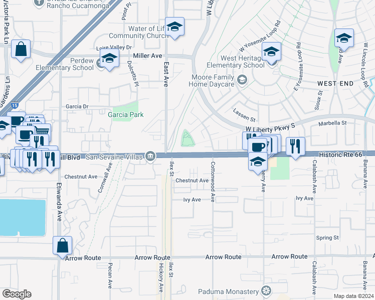 map of restaurants, bars, coffee shops, grocery stores, and more near 8049 Jamestown Circle in Fontana