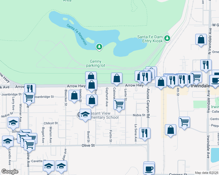 map of restaurants, bars, coffee shops, grocery stores, and more near 15204 Arrow Highway in Baldwin Park