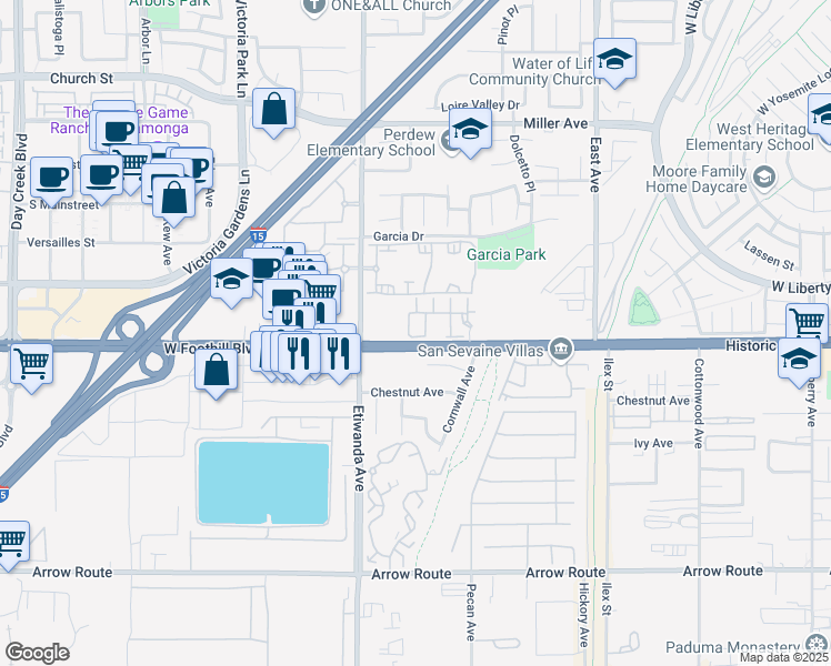 map of restaurants, bars, coffee shops, grocery stores, and more near 12846 Foothill Boulevard in Rancho Cucamonga