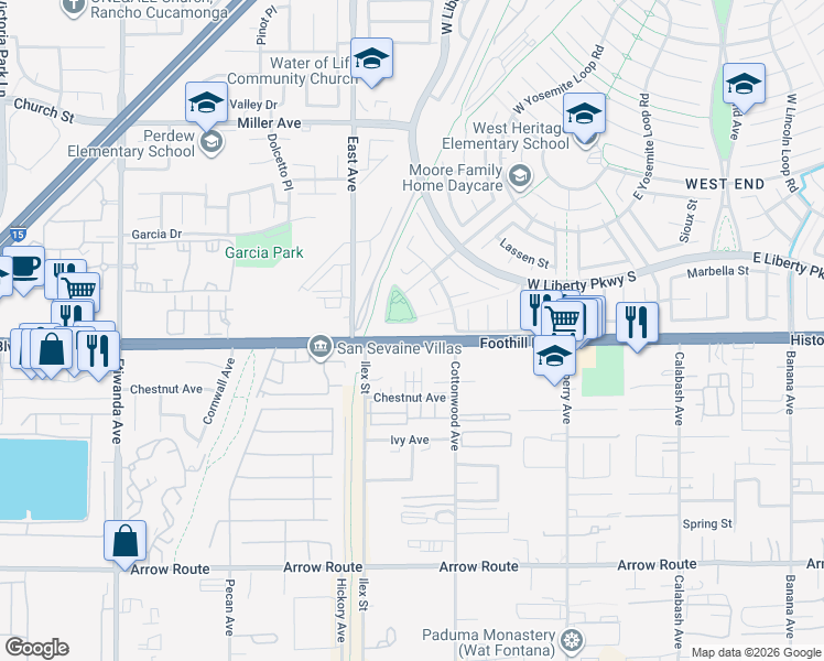 map of restaurants, bars, coffee shops, grocery stores, and more near 8043 Jamestown Circle in Fontana