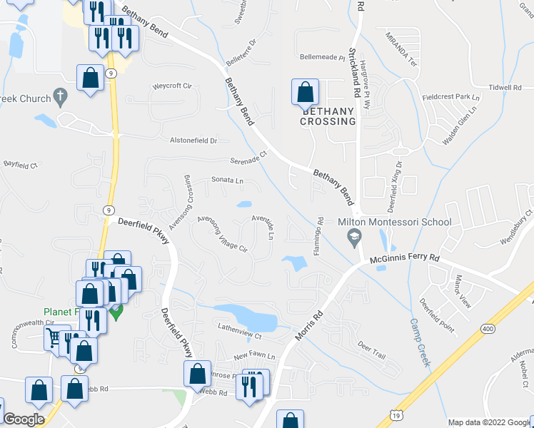 map of restaurants, bars, coffee shops, grocery stores, and more near 13426 Aventide Lane in Alpharetta