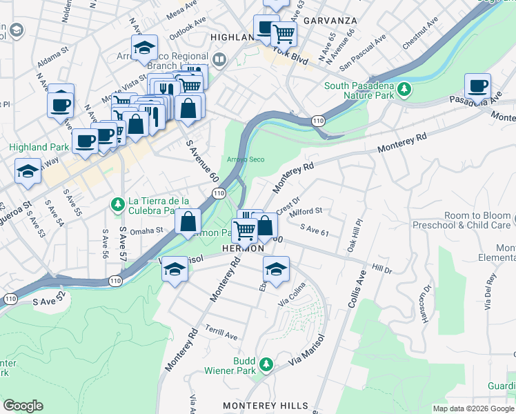 map of restaurants, bars, coffee shops, grocery stores, and more near 6101 Monterey Road in Los Angeles