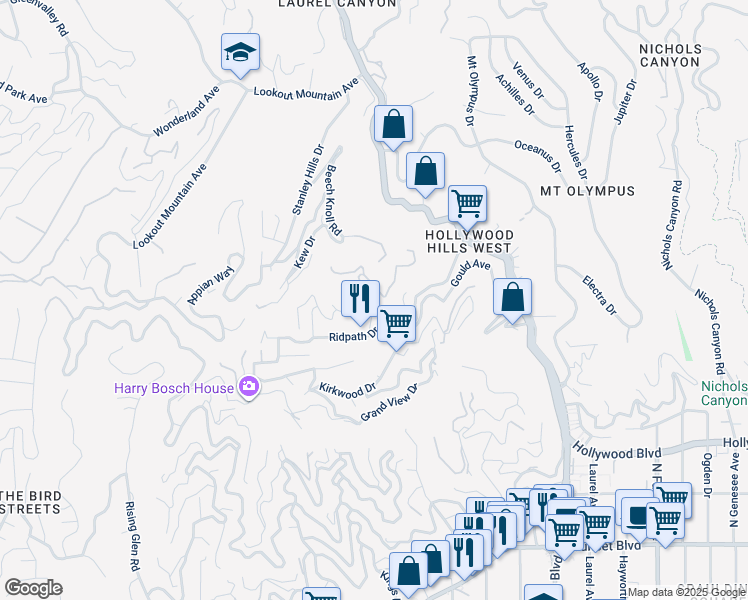 map of restaurants, bars, coffee shops, grocery stores, and more near 1916 Weepah Way in Los Angeles