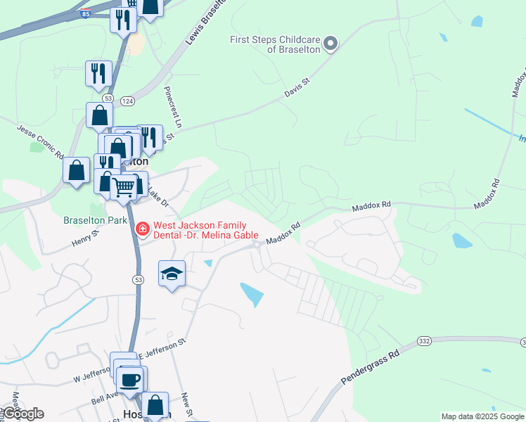 map of restaurants, bars, coffee shops, grocery stores, and more near 333 Golden Eagle Parkway in Hoschton