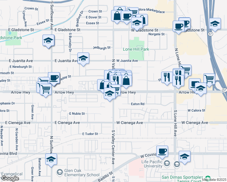 map of restaurants, bars, coffee shops, grocery stores, and more near N Valley Center Ave & E Arrow Hwy in Glendora
