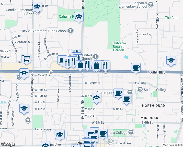 map of restaurants, bars, coffee shops, grocery stores, and more near 1255 Yale Avenue in Claremont