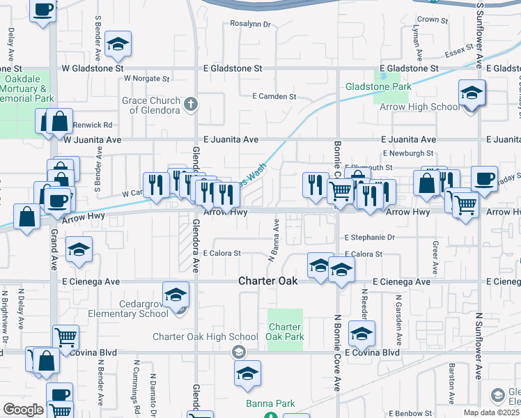 map of restaurants, bars, coffee shops, grocery stores, and more near 201 East Arrow Highway in Glendora