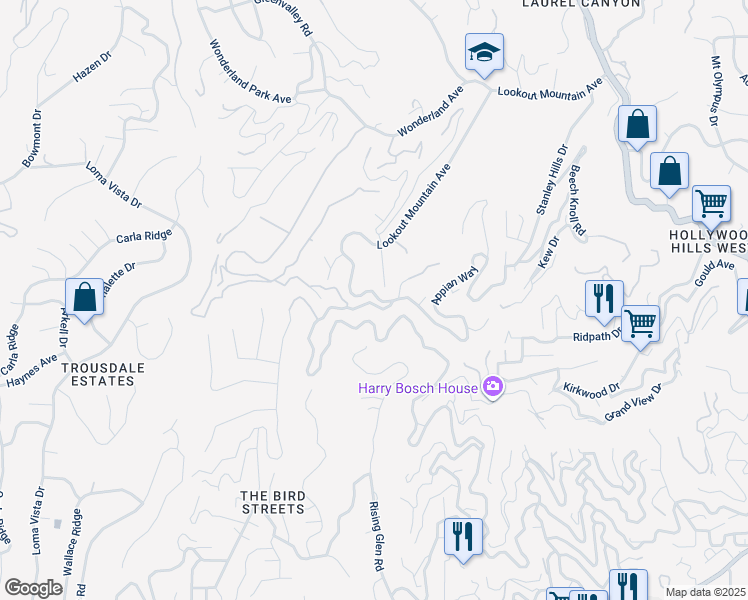 map of restaurants, bars, coffee shops, grocery stores, and more near 8921 Appian Way in Los Angeles
