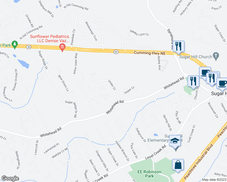 map of restaurants, bars, coffee shops, grocery stores, and more near 1005 Under Court in Buford