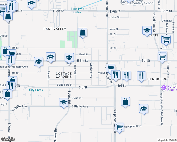 map of restaurants, bars, coffee shops, grocery stores, and more near 24799 Monterey Avenue in San Bernardino