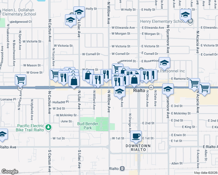 map of restaurants, bars, coffee shops, grocery stores, and more near W Foothill Blvd & N Willow Ave in Rialto