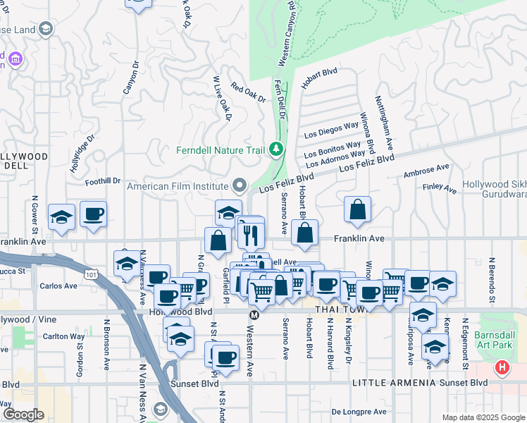 map of restaurants, bars, coffee shops, grocery stores, and more near 1947 North Oxford Avenue in Los Angeles