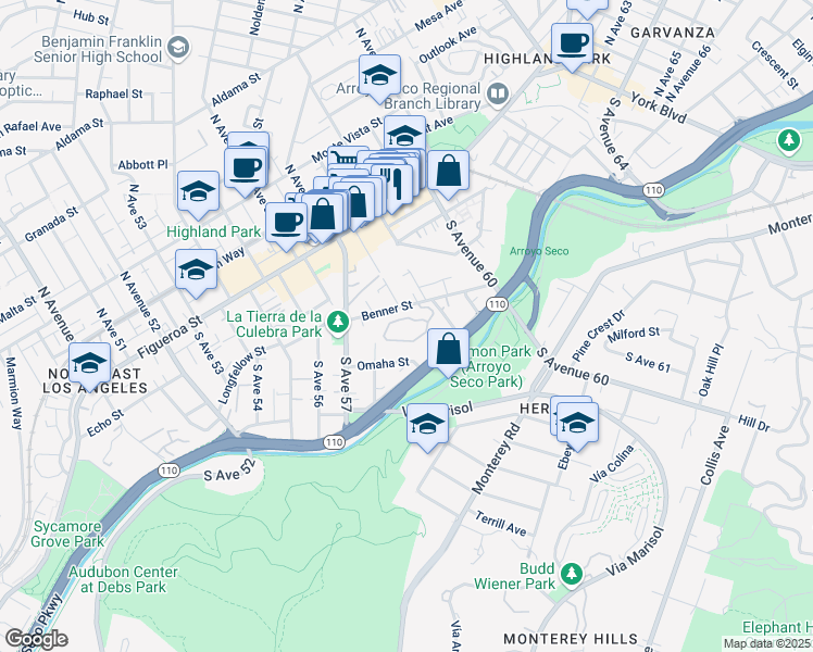 map of restaurants, bars, coffee shops, grocery stores, and more near 5870 Benner Street in Los Angeles