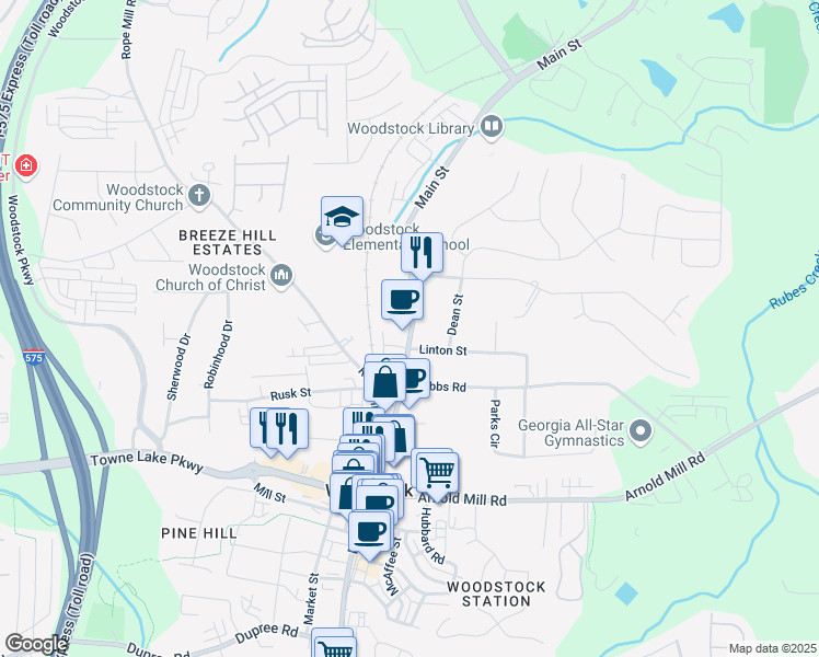 map of restaurants, bars, coffee shops, grocery stores, and more near 8165 Main Street in Woodstock