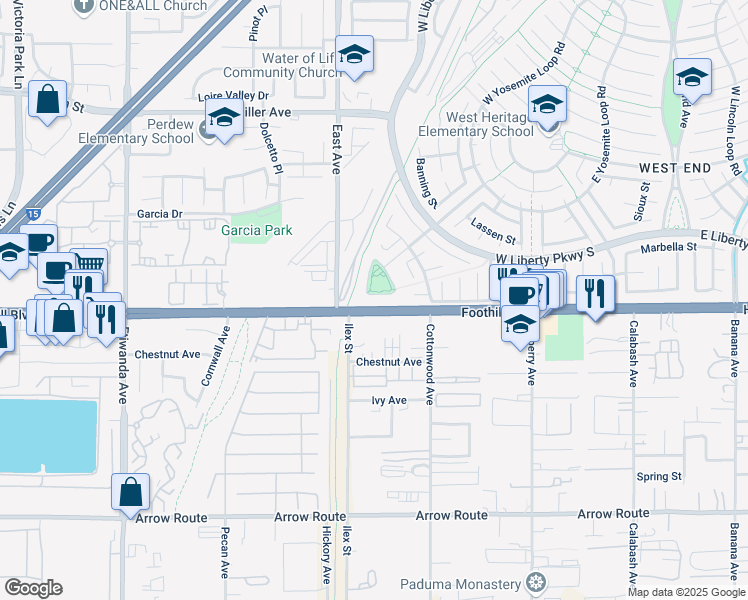 map of restaurants, bars, coffee shops, grocery stores, and more near 8053 Jamestown Circle in Fontana