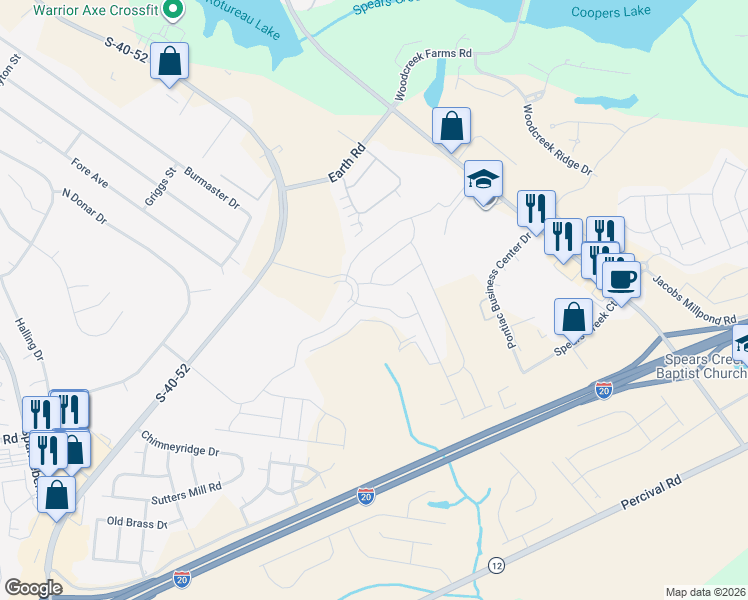 map of restaurants, bars, coffee shops, grocery stores, and more near 202 Clairmeade Way in Columbia