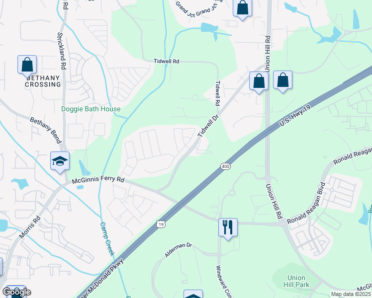 map of restaurants, bars, coffee shops, grocery stores, and more near 603 Wendlebury Court in Alpharetta