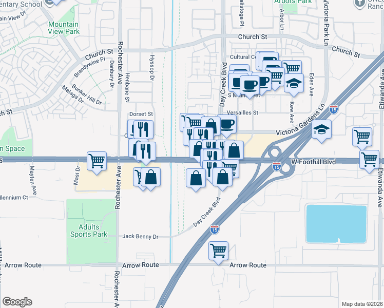 map of restaurants, bars, coffee shops, grocery stores, and more near 12190 East Foothill Boulevard in Rancho Cucamonga